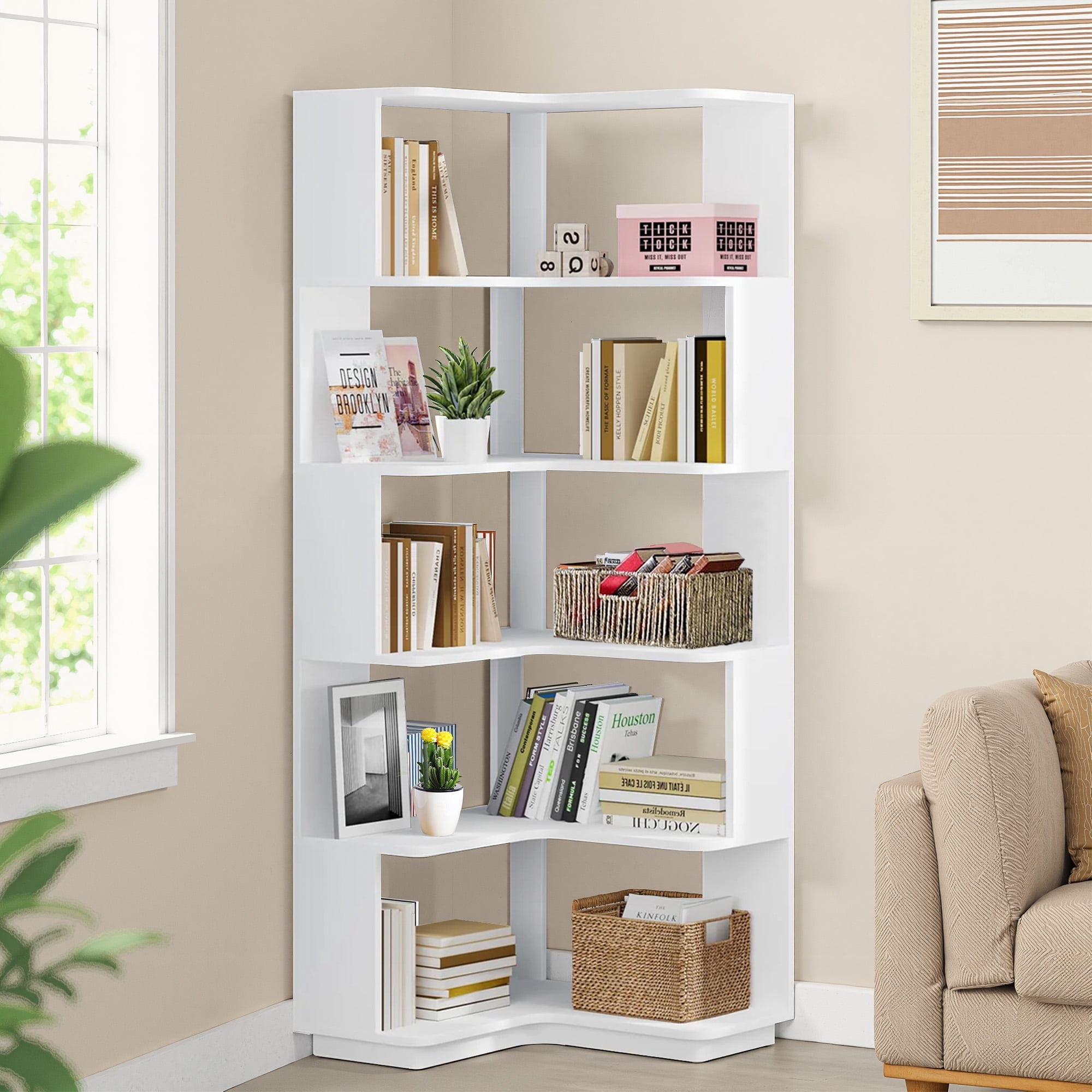 MAYEERTY Industrial 6-Tier Corner Storage Shelf, L-Shaped Bookcase with Anti-Fall Panels for Living Room, Bedroom & Office