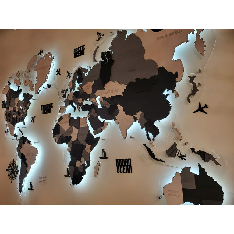 LED Light 3D Wood World Map for Wall Decor - Home Decor World Map with 6ft Power Cord - 3D Wood World Map Wall Art for Home & Kitchen or Office - Gift