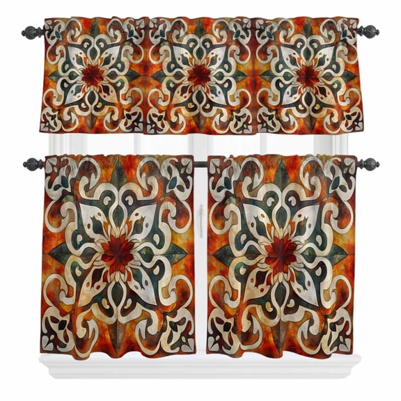 3 Piece Kitchen Curtains and Valances Set Burnt Orange Green Cafe Curtains 24 Inch Length Vintage Abstract Flowers Valance & Tier Curtain for Living Room Bedroom Small Window 54"x18" 27"x24"*2