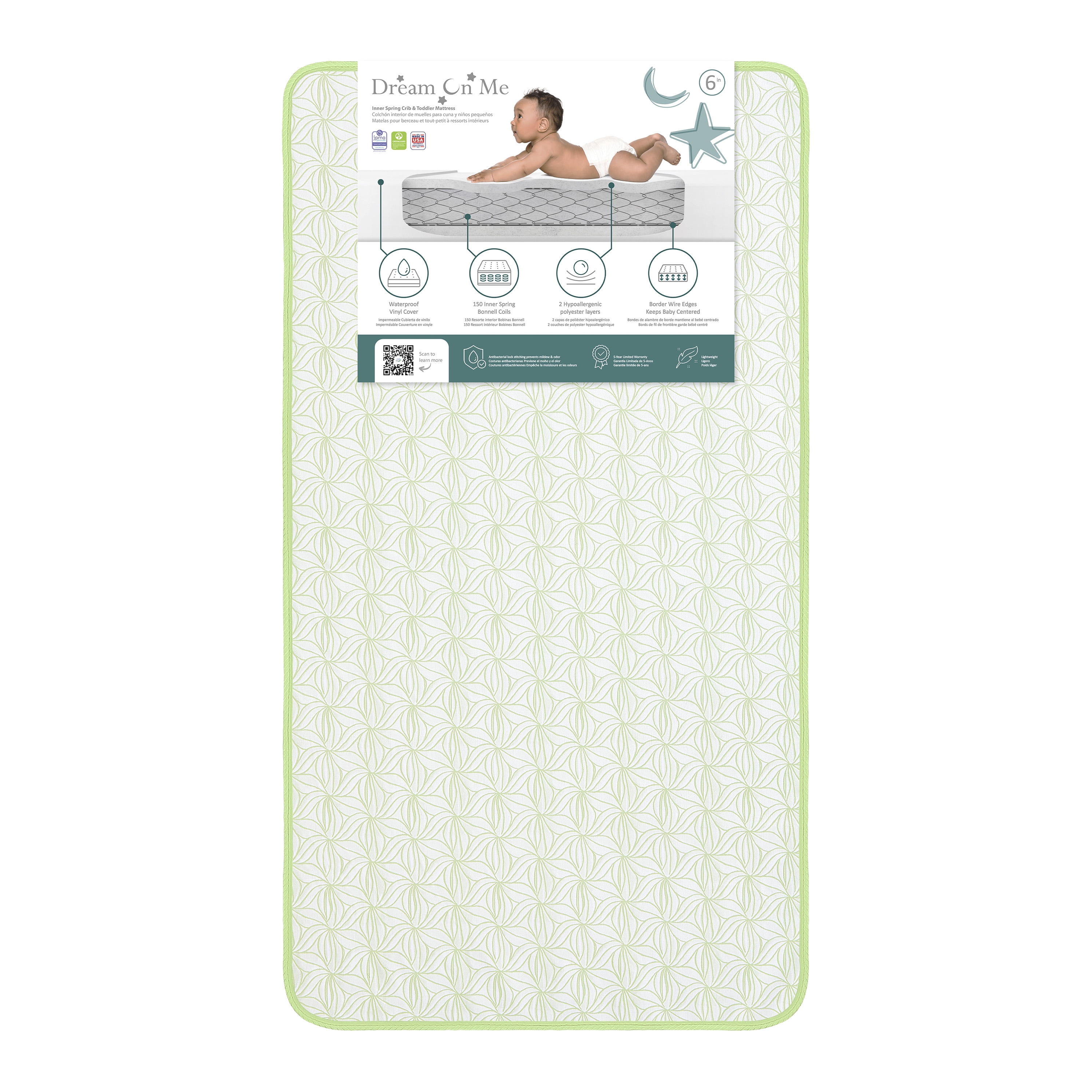 Dream On Me Snug Support 6” 150-Coil Inner Spring Crib & Toddler Mattress | Waterproof Vinyl Cover | Greenguard Gold Certified | Reinforced Edge Support | Green Floral