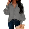 thumbnail image 2 of Lenpel Button down Shirts for Women Lantern Long Sleeve Pleated Curved Hem Collared Blouses Business Casual Work Tops(Gray,Medium), 2 of 7
