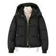 thumbnail image 4 of Women's Cropped Puffer Jacket with Hood Zip Up Warm Quilted Coat Black L, 4 of 5