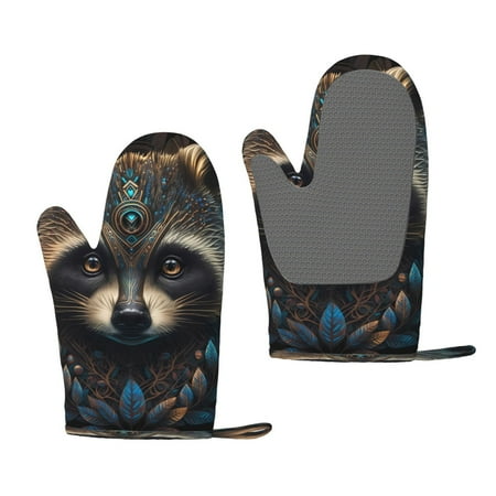 

Junzan Tribal Style Raccoon for Oven Mitts 2 Piece Set BBQ Gloves Grilling Gloves Heat Resistant Oven Gloves Kitchen Silicone Oven Mitts for Barbecue/Cooking/Baking