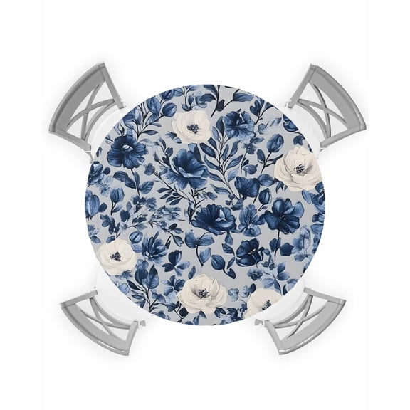 nqOlkjepod Navy Blue White Peony Round Tablecloth, Fitted Table Cover with Elastic for 36"-44" Round Tables, Vintage Floral Blossom Table Cloth Outdoor Indoor Dinning Party Waterproof Tablecloths