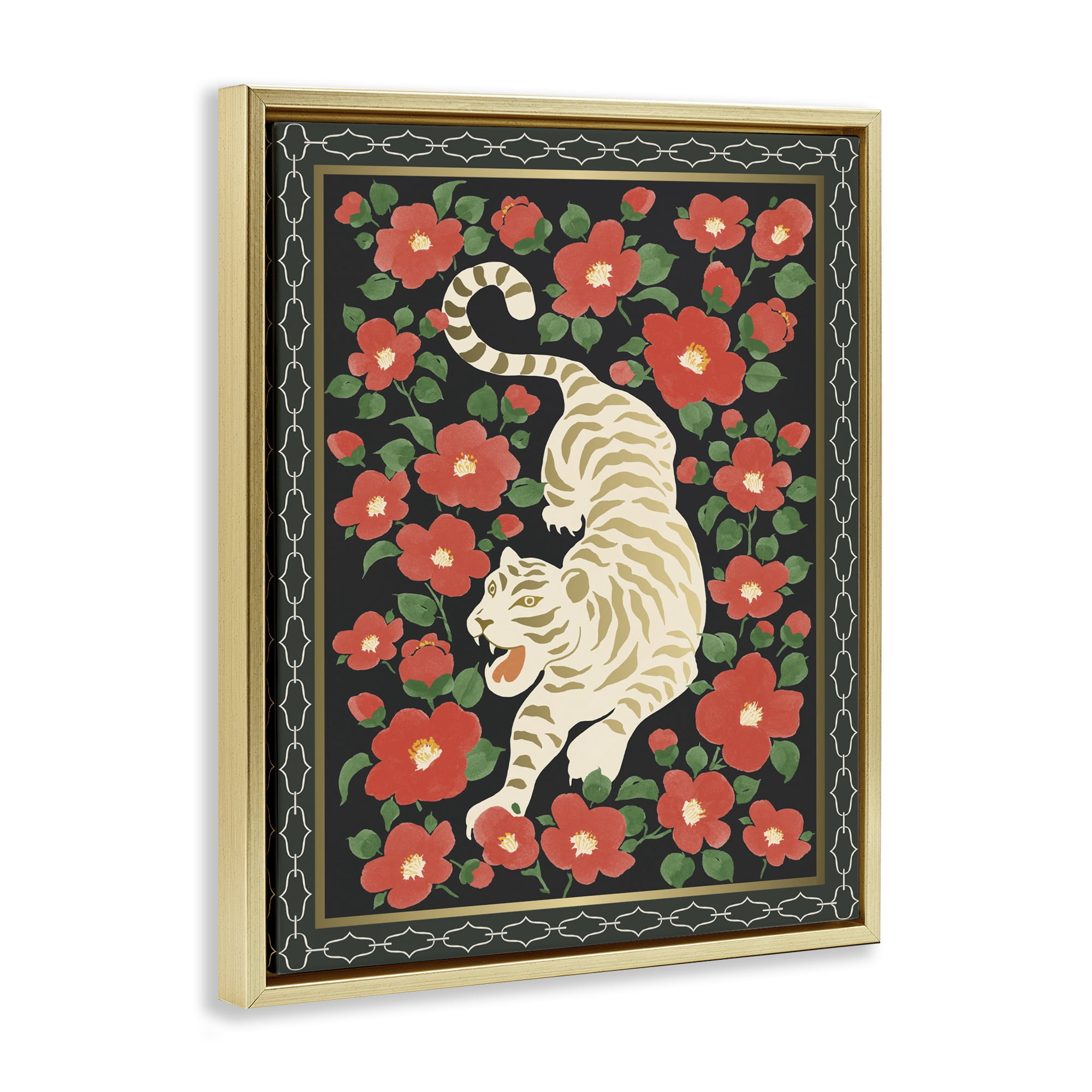 Stupell Industries Ivory Tiger Among Camelias Gold Framed Floater Canvas Wall Art, design by Karolina Sato