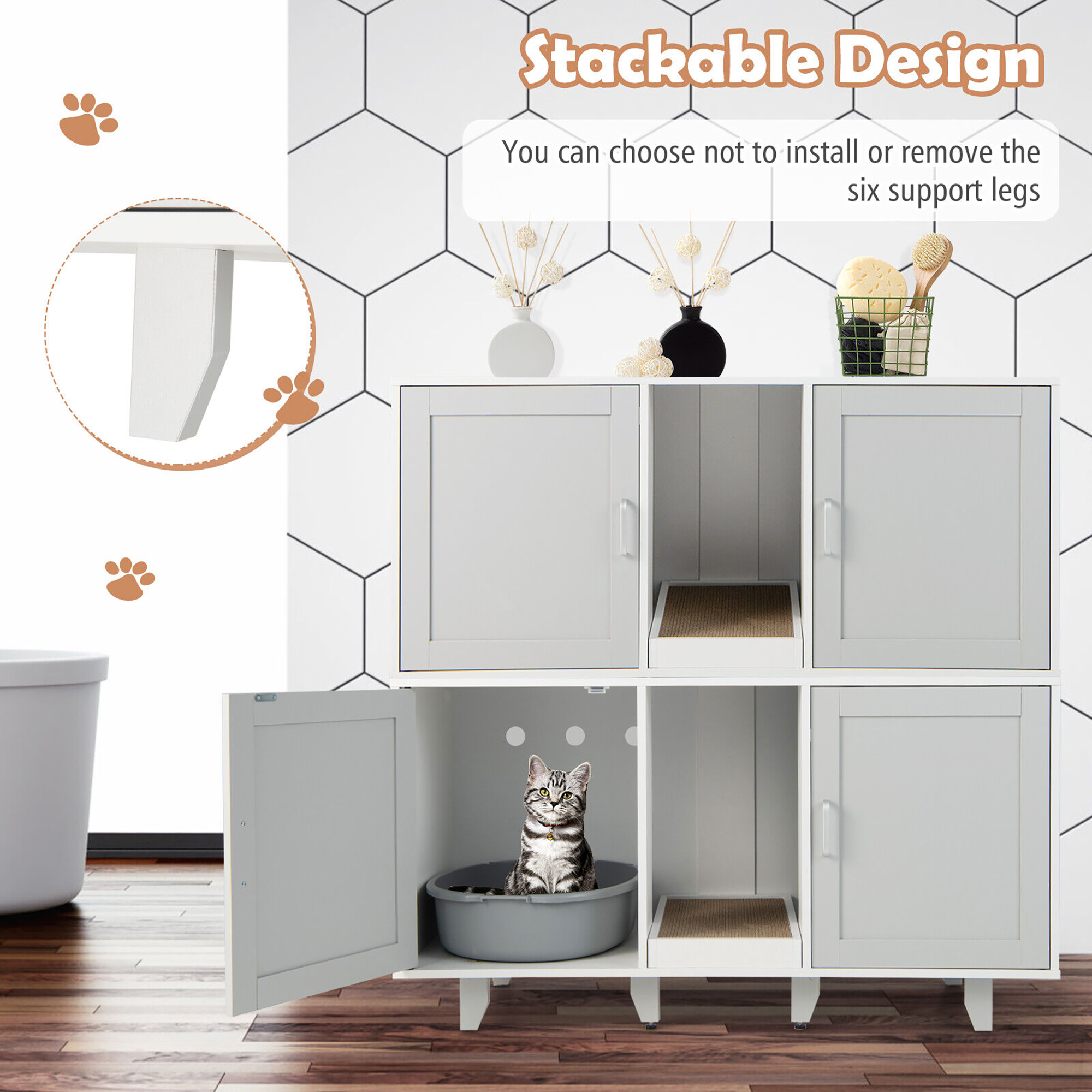 Gymax Cat Litter Box Enclosure Hidden Cat Washroom w/ 2 Doors Grey Patented