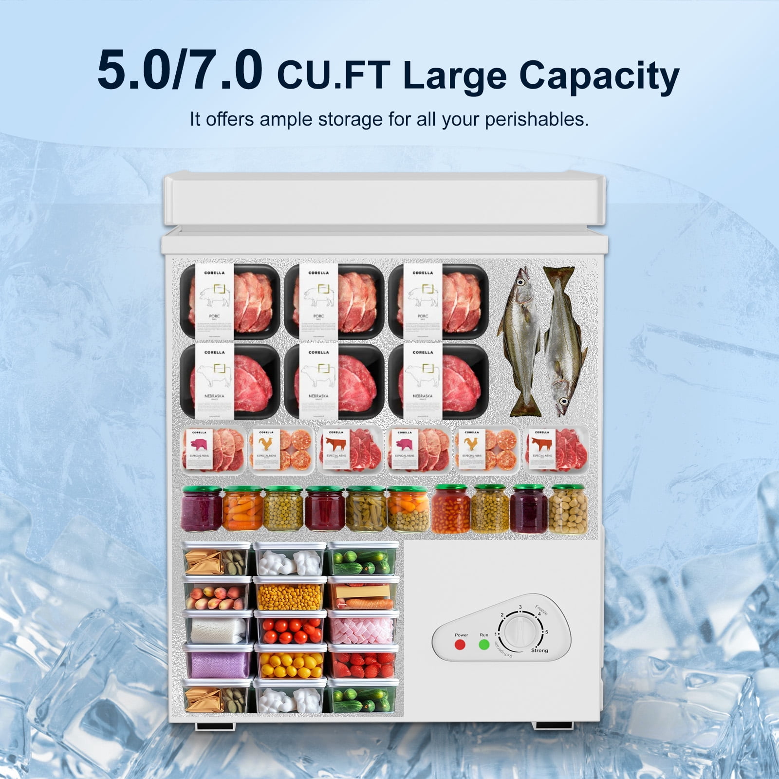 DISHUP 5.0 Cu.Ft Chest Freezer, Compact Freestanding Deep Freezer with 7 Level Adjustable Thermostat & Removable Basket,Top Opening, Low Noise(White)