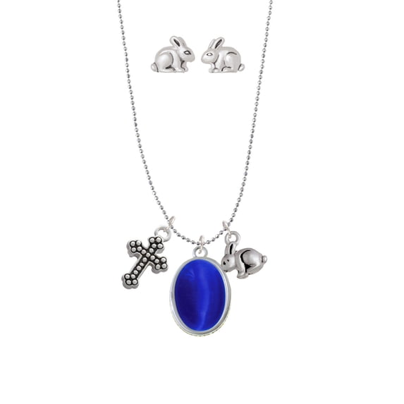 Silvertone Small Blue Imitation Cat's Eye Silver Tone Cross and Bunny Necklace and Earrings Set