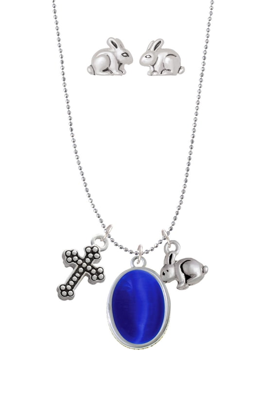 Silvertone Small Blue Imitation Cat's Eye Silver Tone Cross and Bunny Necklace and Earrings Set