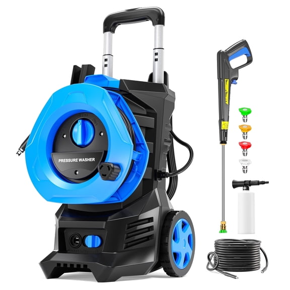 5350PSI MAX 2.5GPM Portable Electric Power Washer, Home & Outdoor Pressure Washer with 25FT Hose, Quick Connect Nozzles for Storefront, Sidewalk, Deck, Dumpster, Brick Wall, Ramp, Walkway cleaning