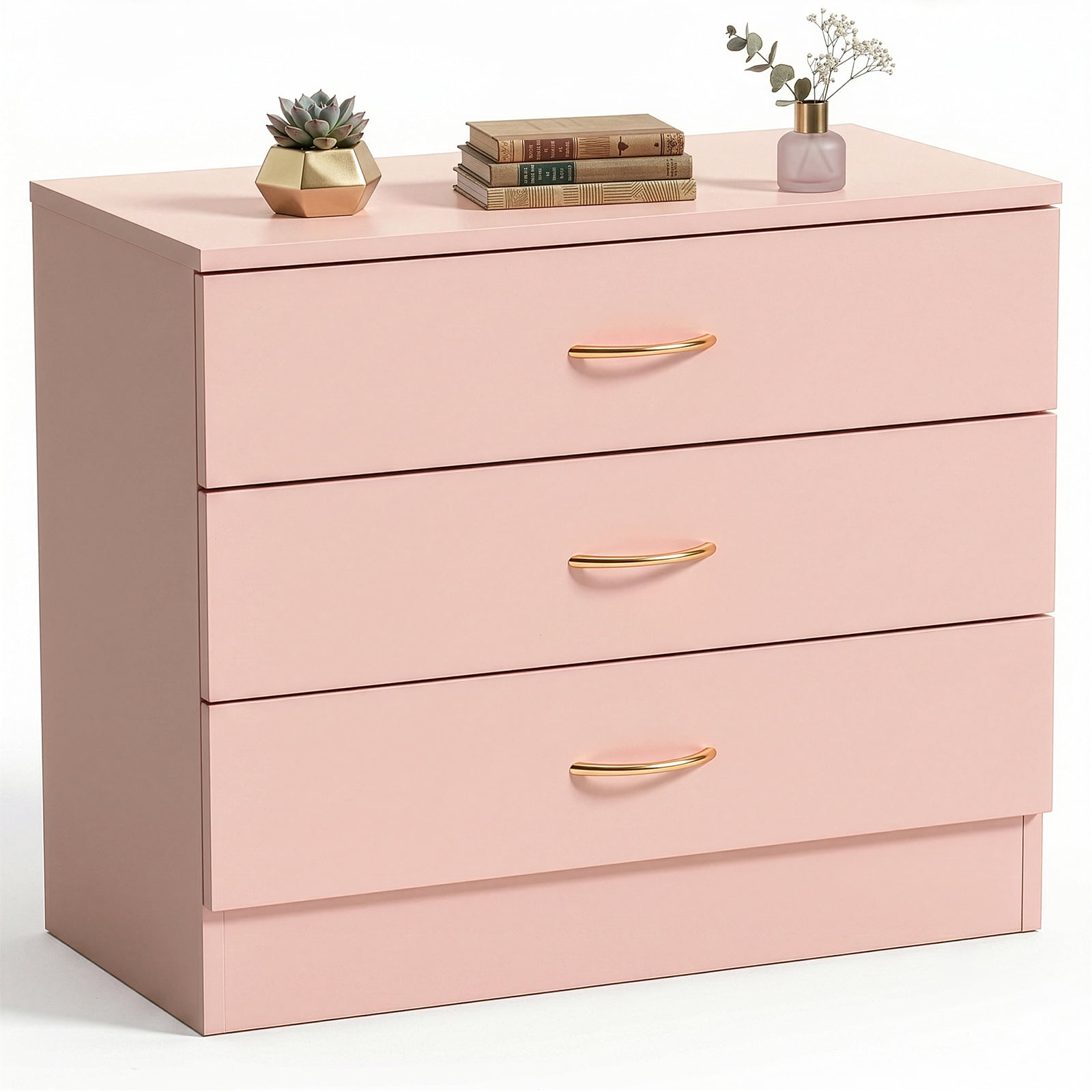 3-Drawer Chest with Faux Rose Gold Handles Drawer Dresser 25.98*12.99*22.05in Pink