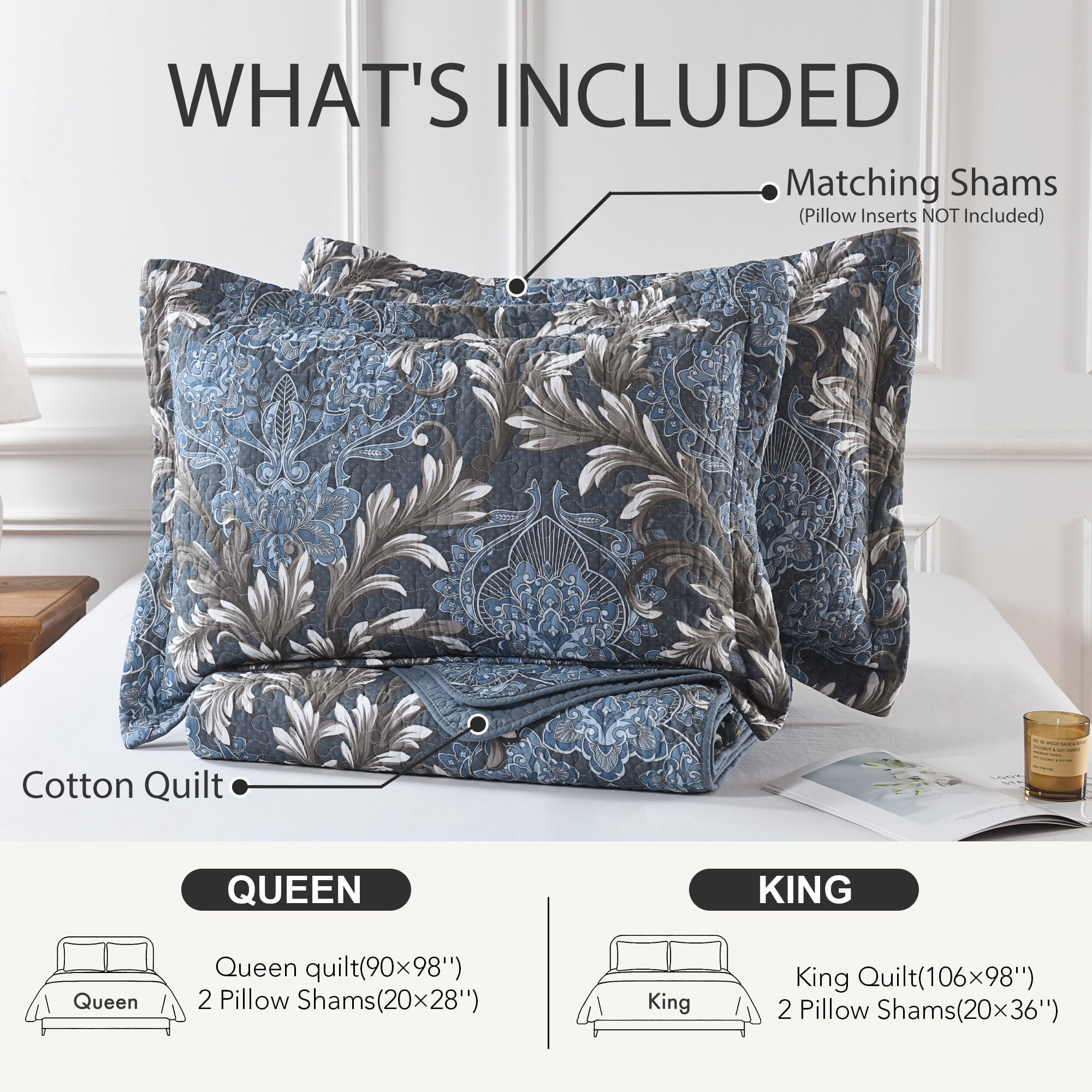 BCOTTOND Floral Quilt Set Queen Size- 100% Cotton Pre-Washed Luxury Coverlet with 2Pillow Shams - Reversible Dimensional Botanical Bedspread(Blue/Grey)