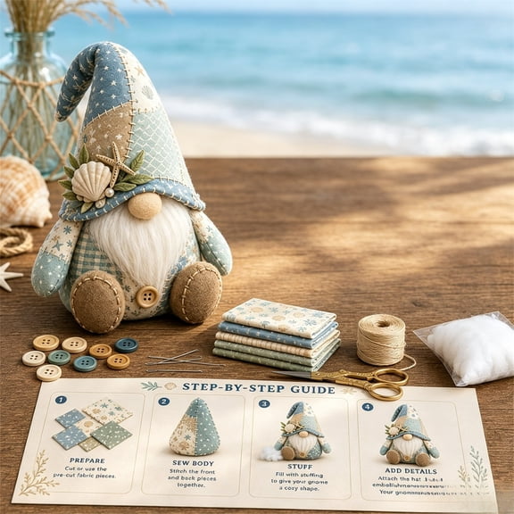 Patchwork Gnome DIY Sewing Kit,Shipment Fabric Craft Set with Cloth Buttons Filling Instruction,Vintage Country Gnome Plush Making Supplies for Adult Handmade Halloween Home Decor