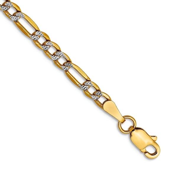 14k 3.2mm Semi-solid With Rhodium Pave Figaro Chain Bracelet 9 Inch Link Bracelet for Women and Men