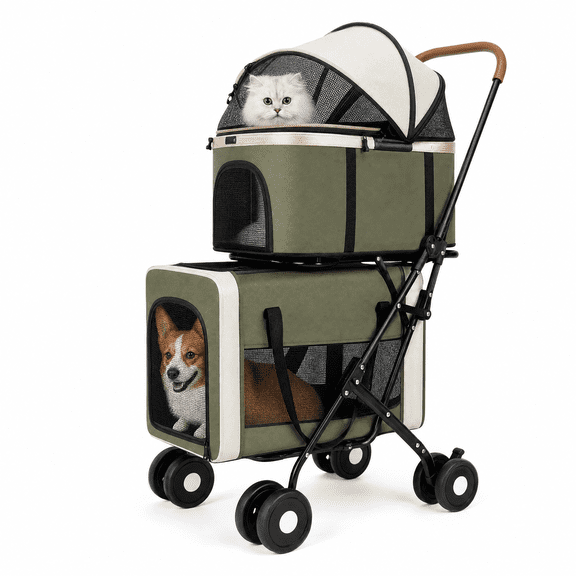 XunKA Double Decker Pet Stroller for Small & Medium Dogs/Cats, 4-Wheel Detachable Foldable Cat Stroller with Shock-Absorbing Wheels, Green