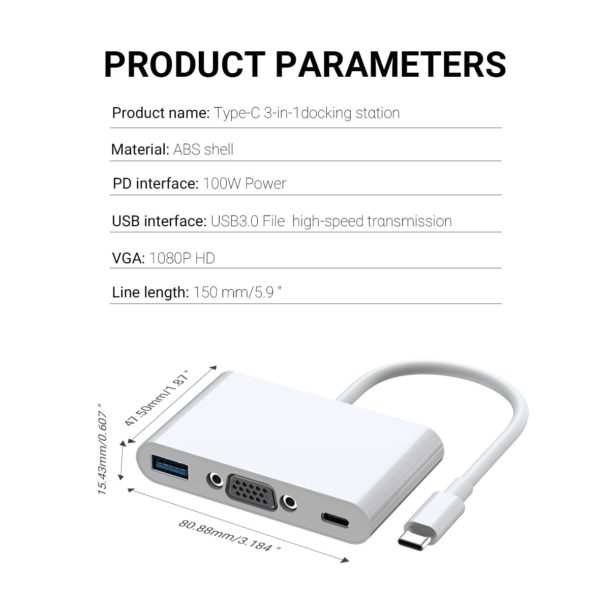 DOONJIEY 3 in 1 USB-C Docking Station Muliti-Port Adapter  Type-C to VGA1080P+PD 100W+USB 3.0(5Gbps) Hub for Samsung Macbook Pro/Air ipad