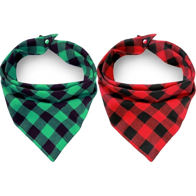 2 Pcs Bandanas pour Chien à Carreaux Verts et Rouges de Noël avec Bouton, Foulard à Double Couche en Coton Doux, Bavoir Triangle pour Filles et Garçons, Accessoires Ajustables pour Petits Moyens Grands Animaux