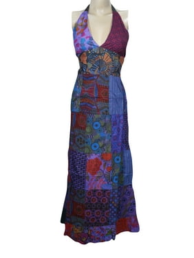 Mogul Womens Blue Halter Cotton Maxi Dress Floral Print Boho Chic Gypsy Sundress S/M