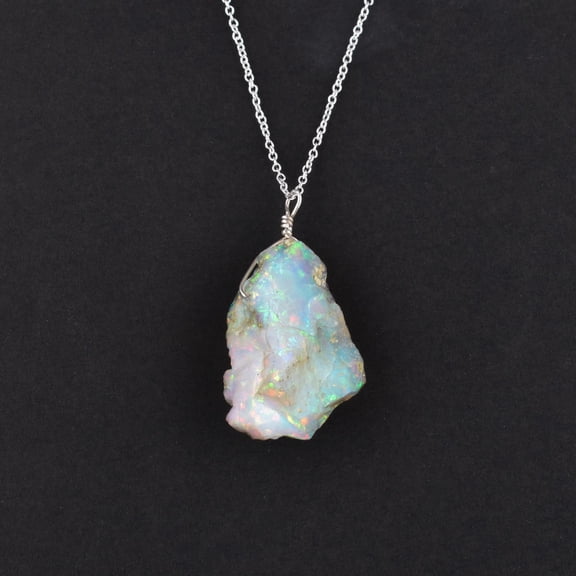 QNAVIC 100% Natural Fire Raw Ethiopian Opal Stone Handmade Dainty Pendant Necklace For Women, Healing Chakra, Birthstone Jewelry, Rhodium Plated 925 Sterling Silver Chain 18 inch, Gift for Her
