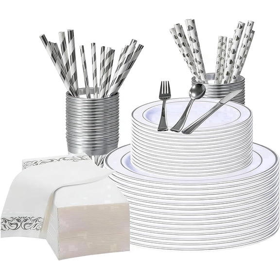 DQQKMM 225Pcs Silver Disposable Dinnerware Set for 25 Guests,50 Plates,75 Silverware(25 knives, 25 forks, 25 spoons),25 Napkins,25 Cups & 50 Straws