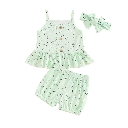

Darzheoy Toddler Girls Outfits Sleeveless Printed Flounce 3 Piece Suspender Tops And Shorts And Bandeau Summer Solid Color Sets Size 0 Month-18 Months