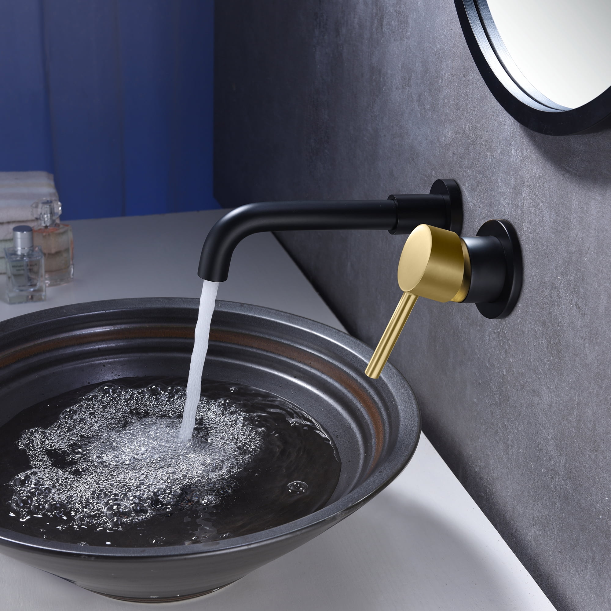 SUMERAIN Wall Mount Bathroom Faucet Black and Gold Wall Mount Faucet for Bathroom Sink, with Two Handles and Rough in Valve
