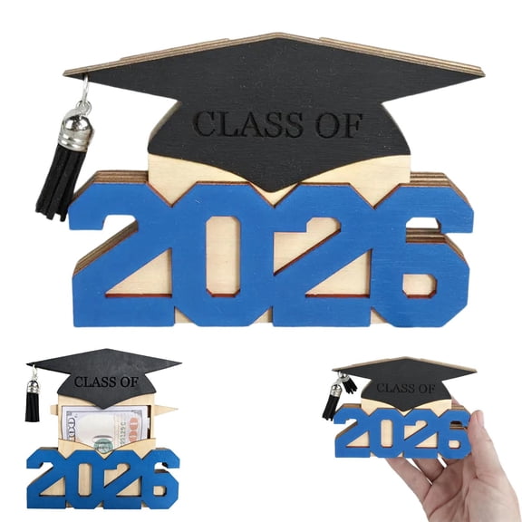 2026 Graduation Money Holder, Wooden Cash Gift Card Holder with Grad Cap, Money Cash Envelope Box, Tabletop Decoration for Grad Party, Practical & Meaningful Graduation Keepsake, Blue