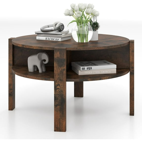 CZMJY Round Coffee Table, 2-Tier Mid Century Modern Tea Cocktail Table with Storage Shelves & 4 Side Compartments, Wood Center Table for Living Room, Small Spaces (Rustic Brown)