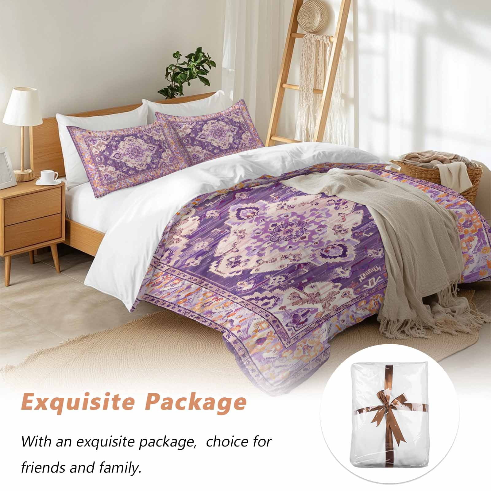 Purple Orange Boho Bedding 3 Piece Duvet Cover Set California King, Ethnic Geometric Middle Century Art Soft Microfiber Comforter Cover with Zipper Closure & Pillowcases, FadeResistant Quilt Cover