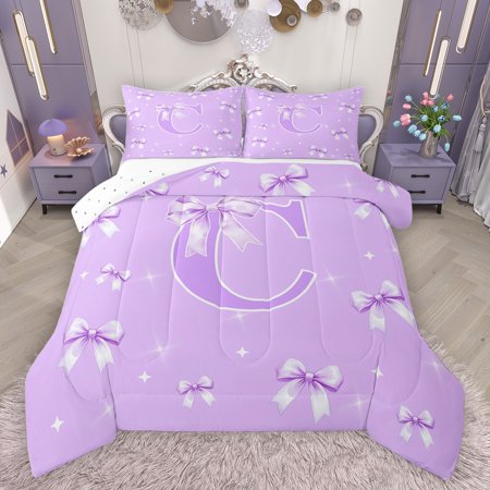Castle Fairy Adults Female Women Letter Monogrammed C Bedding Comforter Set 2pcs Dreamy Princess Bow-Tie Twin Comforter Sets Microfiber Cute Ribbon Bow Breathable Bedding Set Lightweight Room Decor