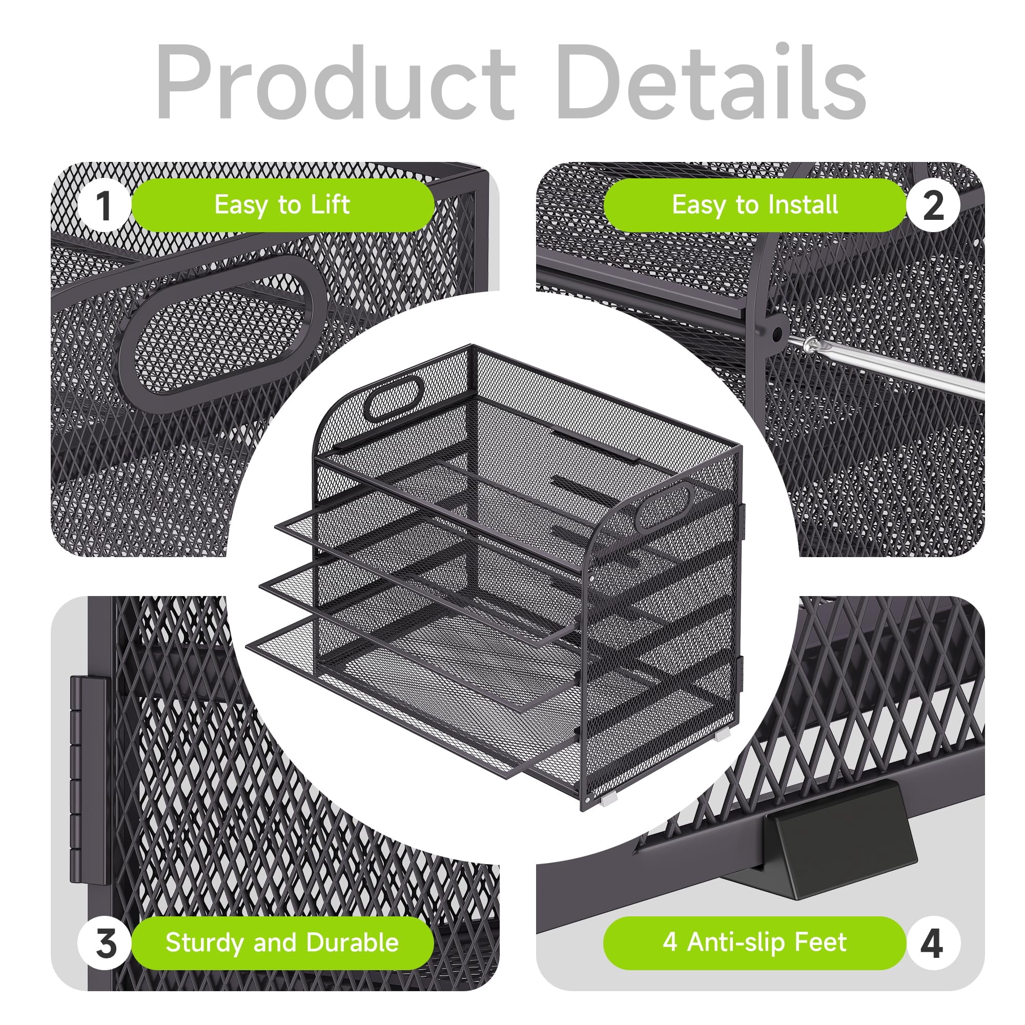 5 Tier Paper Organizer With Handle  Grey Metal Mesh Desk File Folder Letter Tray Desktop Document Sorter For Classroom School Office Accessories Organization And Storage