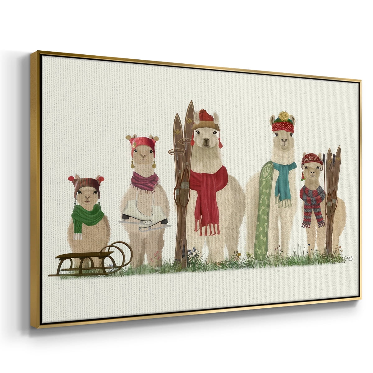 Llama Family Winter Sports - Framed Gallery Wrapped Holiday Canvas - 17 x 25 - Gold Frame