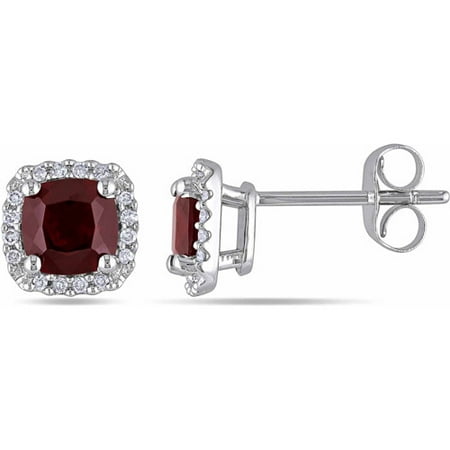 1-1/3 Carat T.G.W. Garnet and Diamond Accent 10kt White Gold Halo Earrings