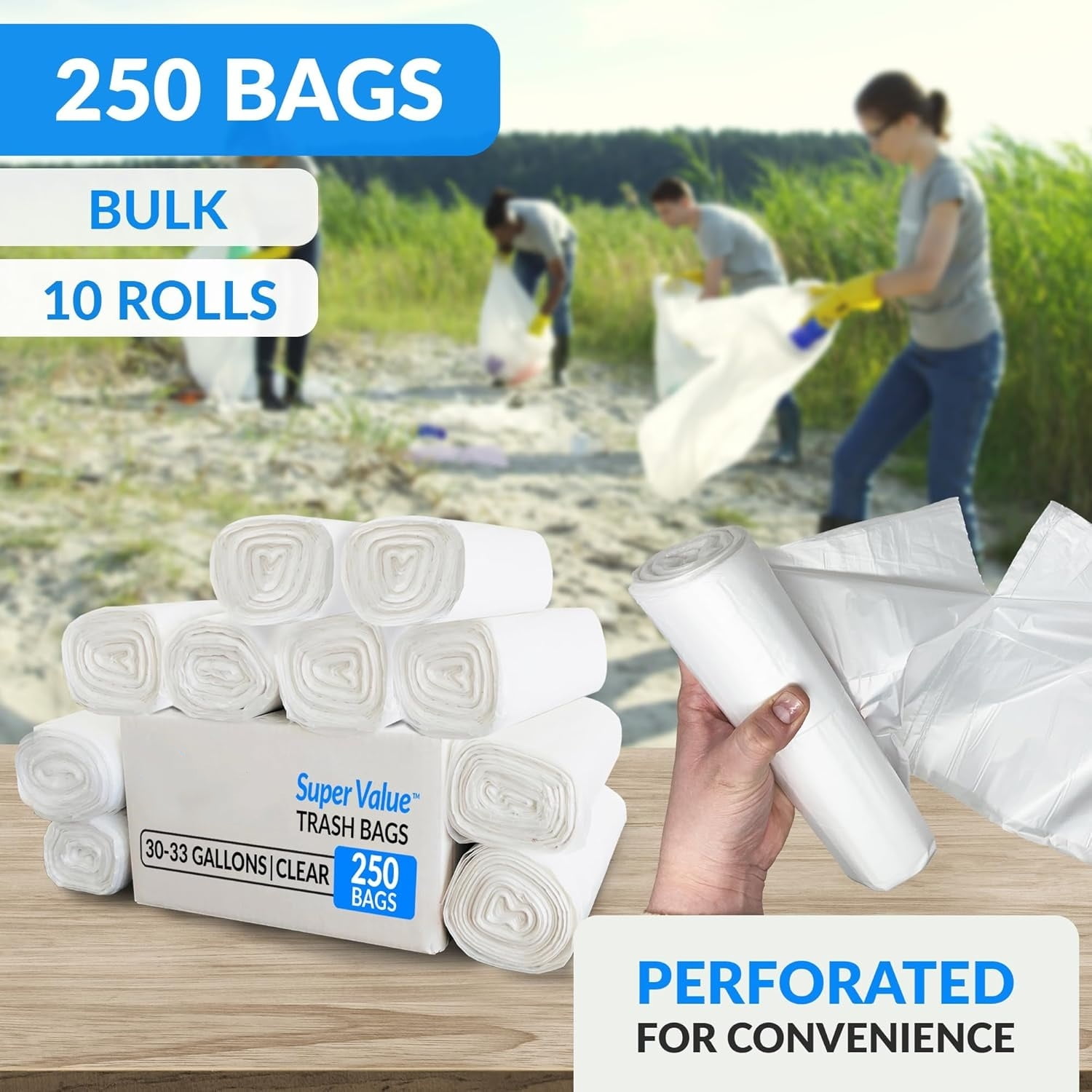 30-33 Gallon Trash Bags Heavy Duty | 250 Count Bulk | Clear Large Trash Bags 30+, 32 Gallon