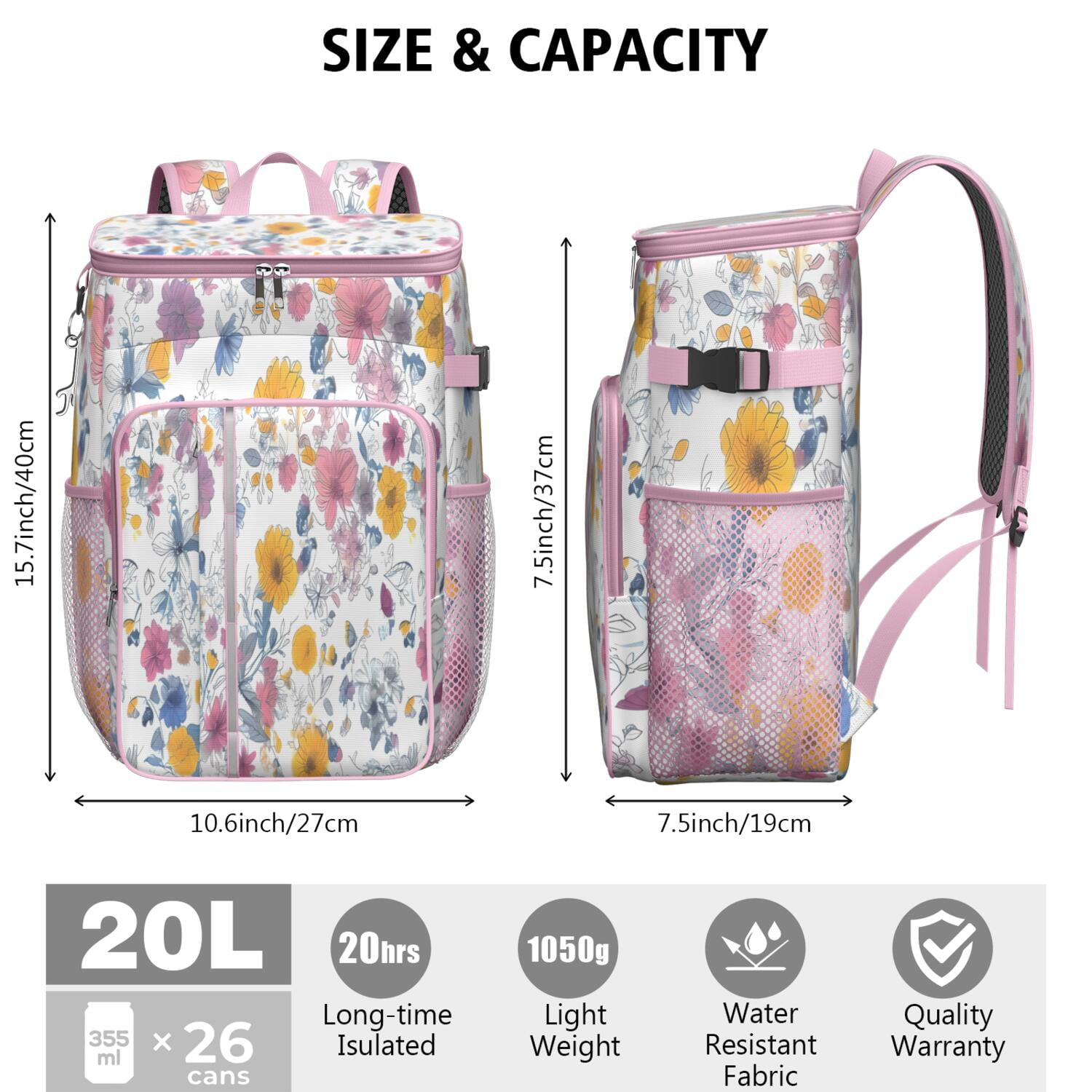 Travel Cooler Bag - Pioneer Flower Floral Print Pattern Camping Beer Cooler Backpack with Bottle Opener- Waterproof Insulated Picnic Backpacks - Cooler Bag for Beach
