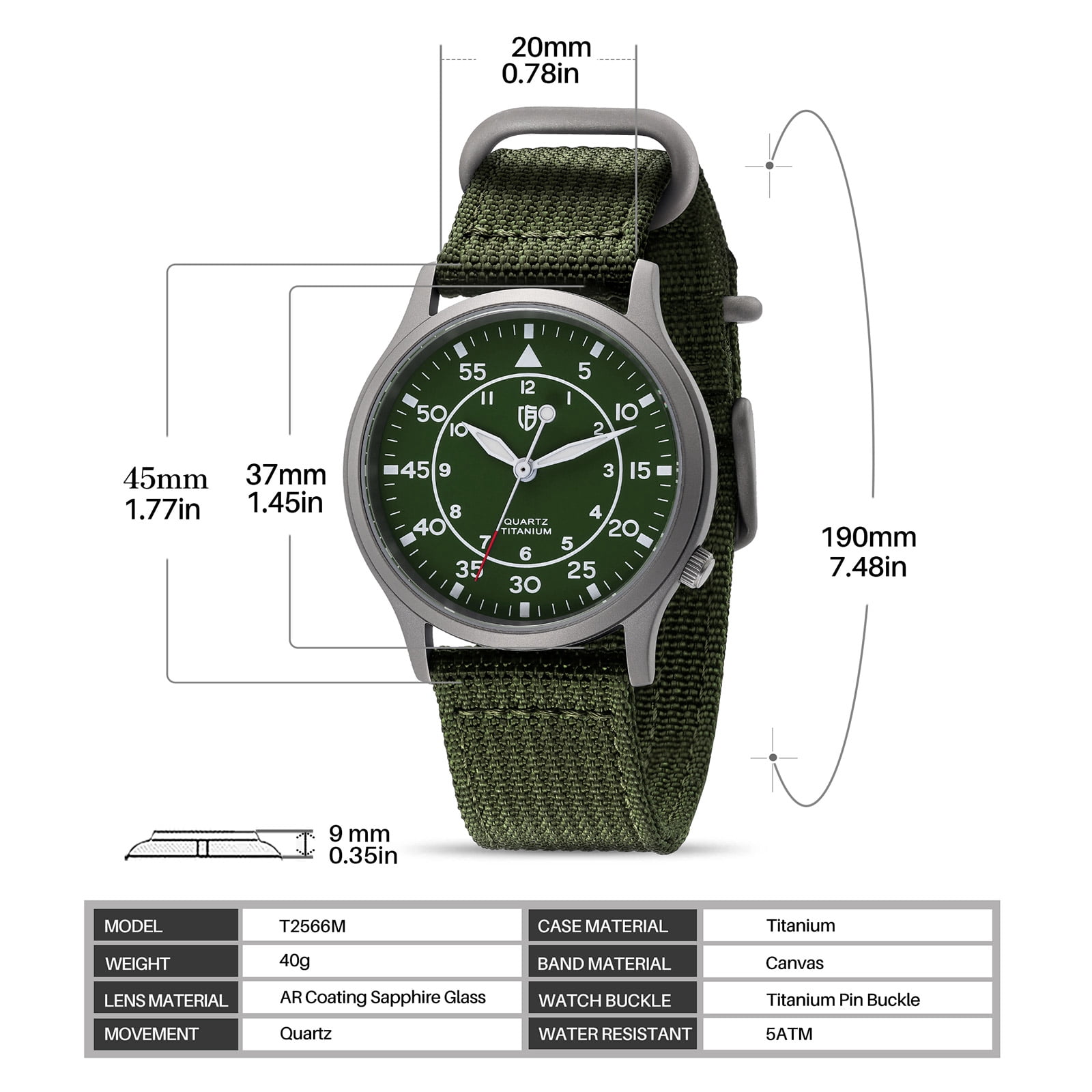 BERNY Titanium Watches for Men, Sport Military Men Watch with Canvas Strap, Japanese Quartz Movement, Super Luminous, Fashion Men's Field Watch, Casual 5ATM Waterproof Army Wristwatch, Green