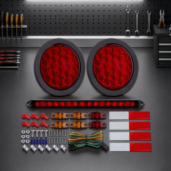 9-Piece 4 Inch Round LED Trailer Tail Light Kit with 25ft Wiring Harness, Side Marker Lights and Light Bar