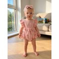 thumbnail image 4 of BemeyourBBs Newborn Baby Girl Summer Clothes Cotton Linen Outfit Infant Bubble Romper Cute Floral Bow Print Fake Two Pieces Flutter Sleeve Bodysuit Jumpsuit Playsuit with Headband, 4 of 9