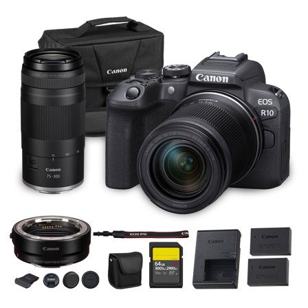Canon EOS R10 Mirrorless Camera Kit | 24.2MP APS-C Sensor with RF-S 18-150mm Lens | 4K Video Dual Pixel AF Compact Travel Photography   Canon RF 75-300mm Lens   Adapter EF-EOS R   64GB Card   More