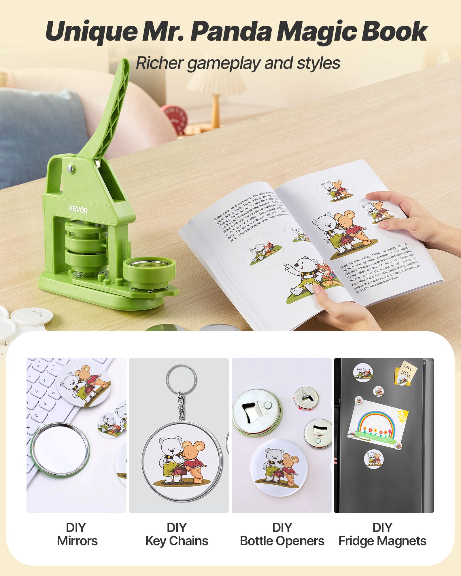 VEVOR Button Maker Machine, 2.28 in, Plastic Pin Maker with 100pcs Button Parts, Mr. Panda Magic Book, Circle Cutter and Hex Wrenches, Reinforced Ergonomic Handle, for DIY Badges, Personalized Pins