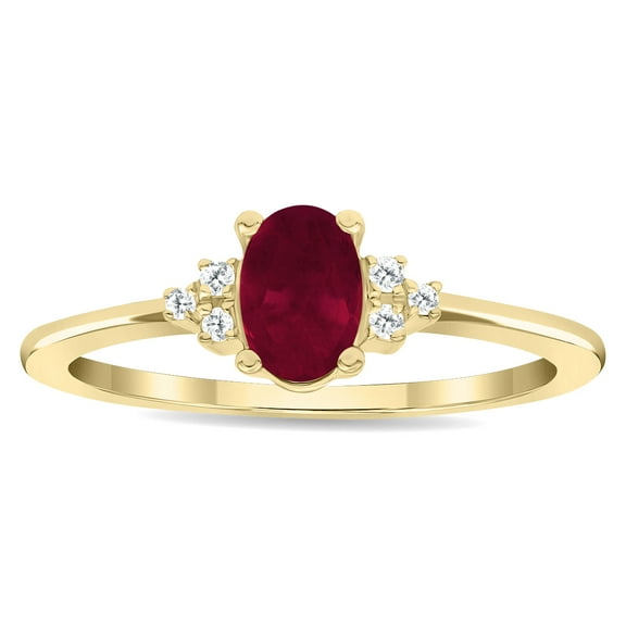 SZUL Women's Oval Shaped Ruby and Diamond Half Moon Ring in 10K Yellow Gold