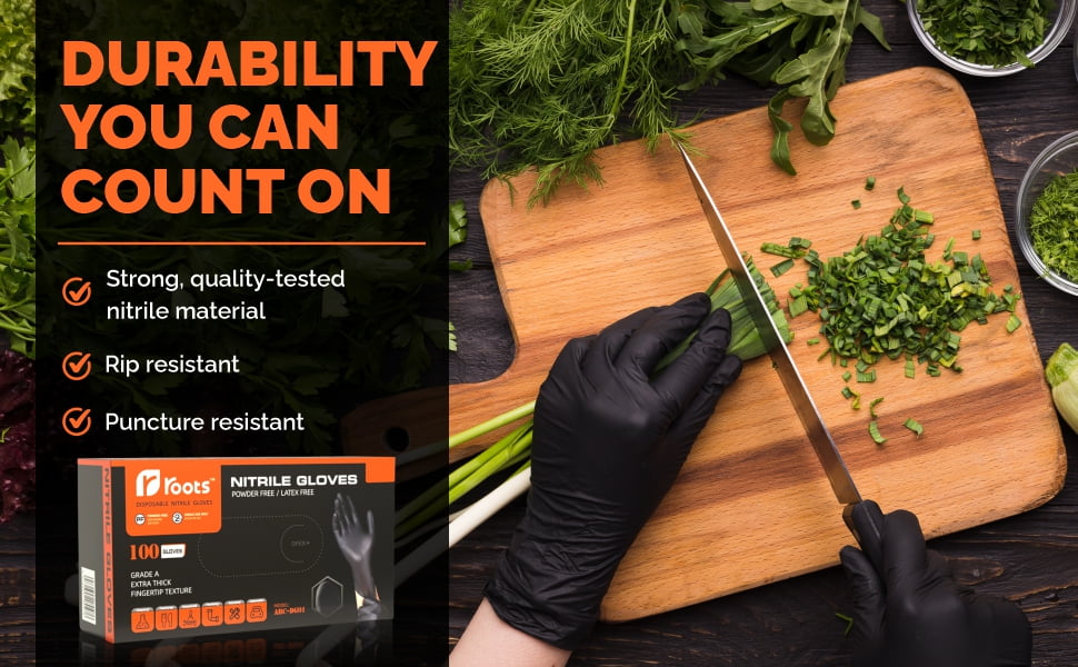 Roots Latex-Free Nitrile Disposable Gloves Box Set, Black, 100 Count