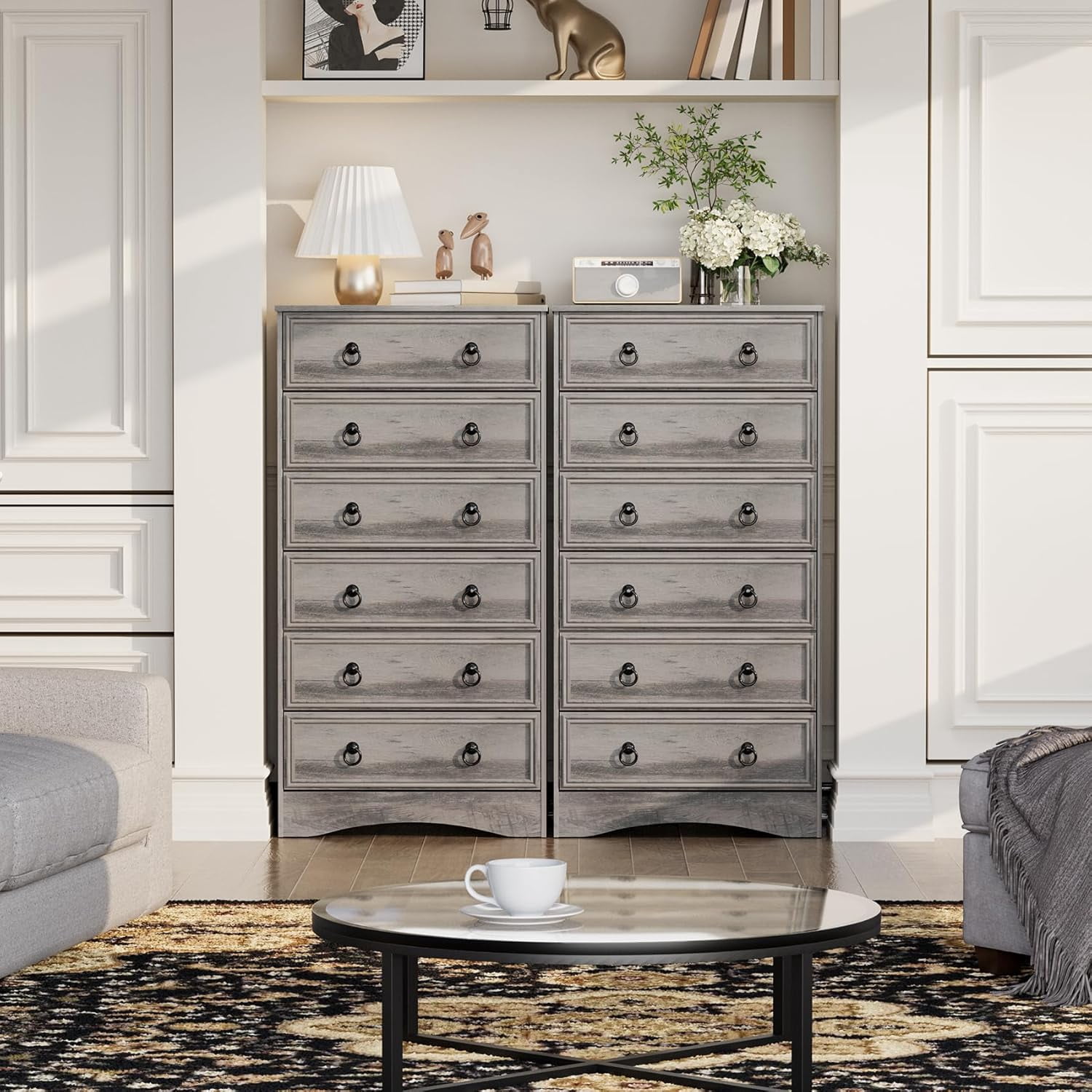 VVFLU Farmhouse 6 Drawers Dresser for Bedroom, Gray 52" Tall Dressers Chest of Drawer, Wooden Vertical Dresser for Bedroom Hallway