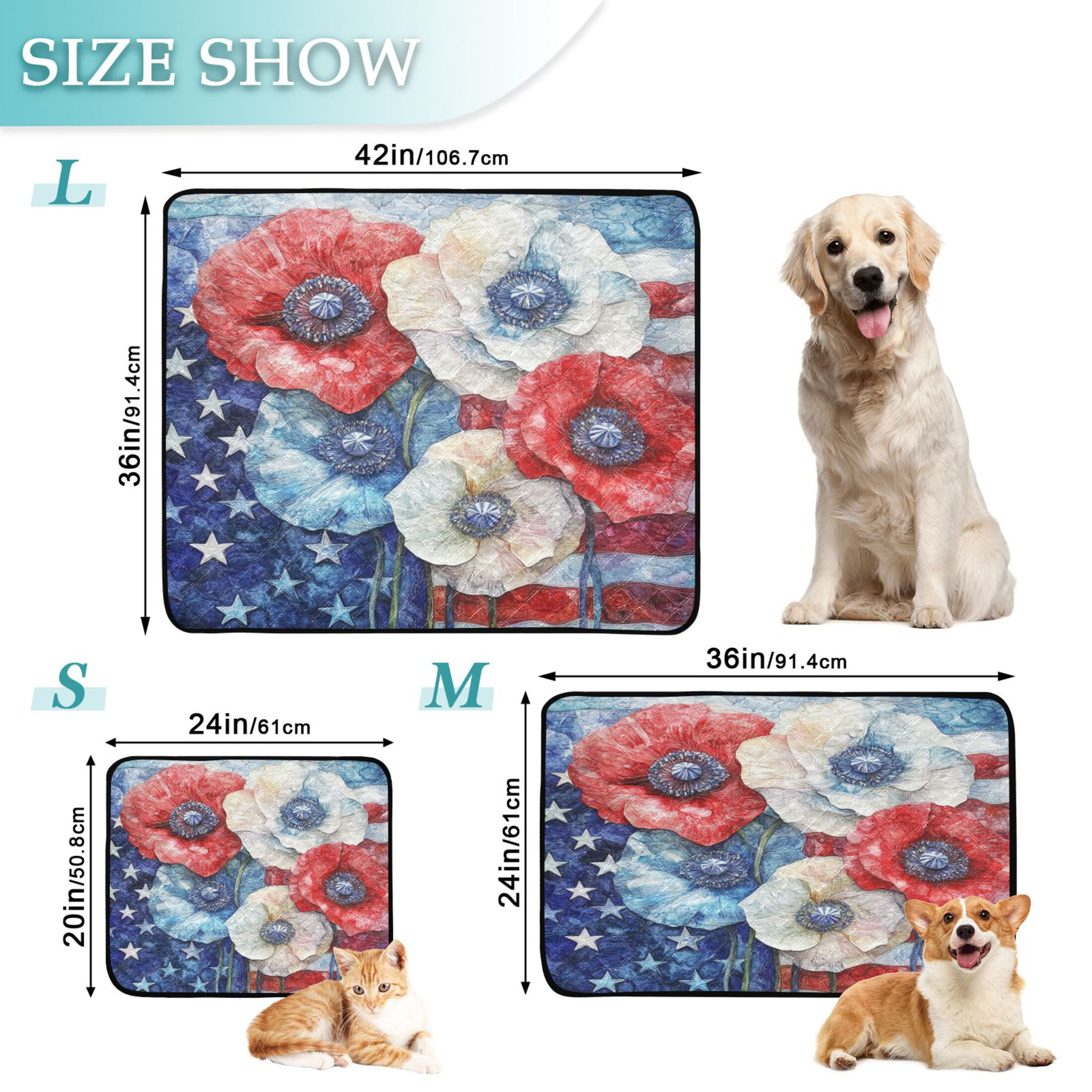Qxltty American Flag Flowers Cat litter Pads Pet Set of 2 Diaper Mats Center Anti-leakage Layer Absorbent Soft and Comfortable
