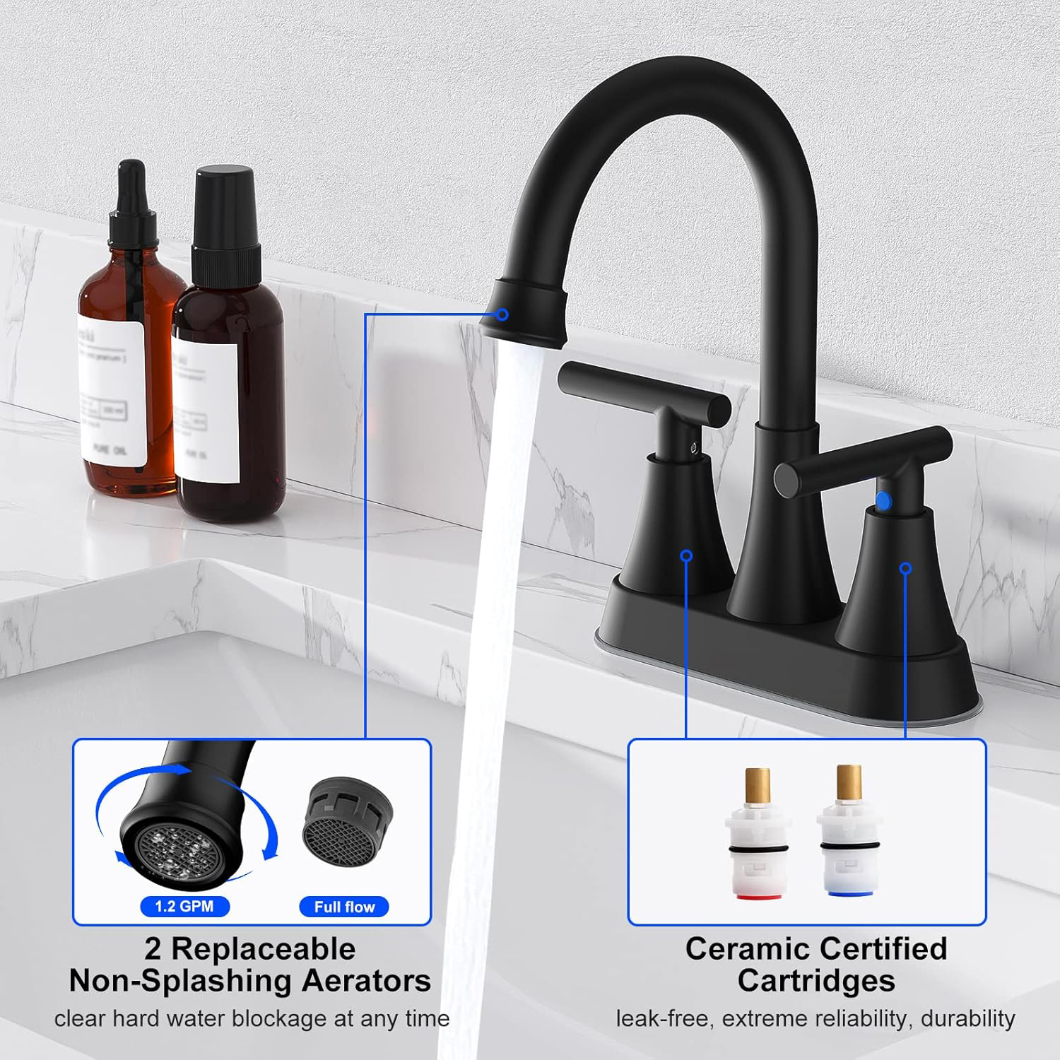 Zovajonia Bathroom Faucets for Sink 3 Hole,  4 inch Matte Black with Pop-up Drain and 2 Supply Hoses, Stainless Steel 2-Handle, for Sink Vanity