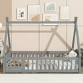 thumbnail image 2 of Miniyam Twin Floor Bed for Kids with House Frame, Guardrails and Lockable Door, Gray, 2 of 7