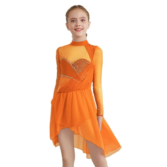 Haitryli Kids Girls Long Sleeve Lyrical Dance Dress Shiny Rhinestones Leotard with Wrap Skirt Ice Skating Dress Orange 16