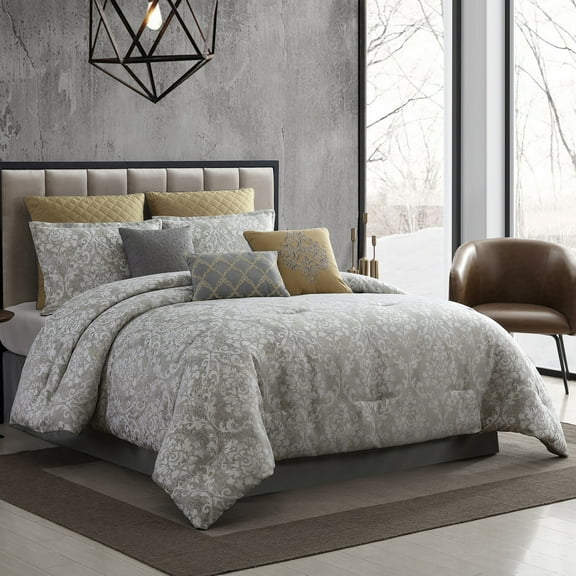 Riverbrook Home 9 Piece Comforter Set, Queen, Gray, Lantana, Polyfill, Adult