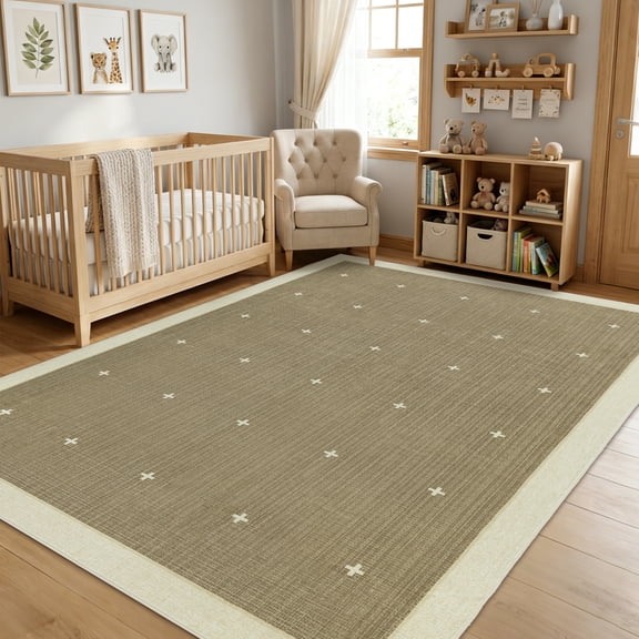 Garvee 8'x10' Modern Bordered Area Rug Geometric Carpet with Non Slip Backing, Contemporary Cross Motifs Dot Rug Washable Rug for Living Room Bedroom Home Decor, Yellow Brown
