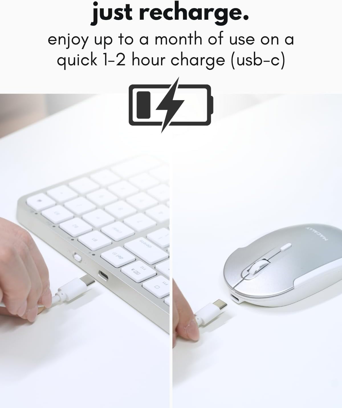 Macally Bluetooth Mac Keyboard and Mouse - Compact (2 Zone) Wireless Apple Keyboard and Mouse Combo with Number Pad - Multi Device, Rechargeable -  for Mac, MacBook Pro/Air, iPad, iPhone - Silver